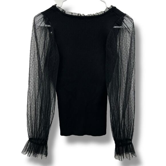 NEW BCX Black Mesh Clip Dot Top Size Small Long Sleeve Ruffle Polka Dot Ribbed - Picture 6 of 10